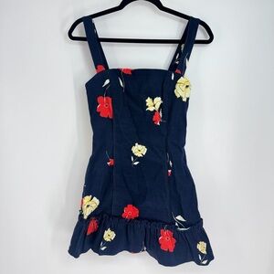 N/Nicholas Floral Zip Up Panel Denim Mini Ruffled Hem Dress